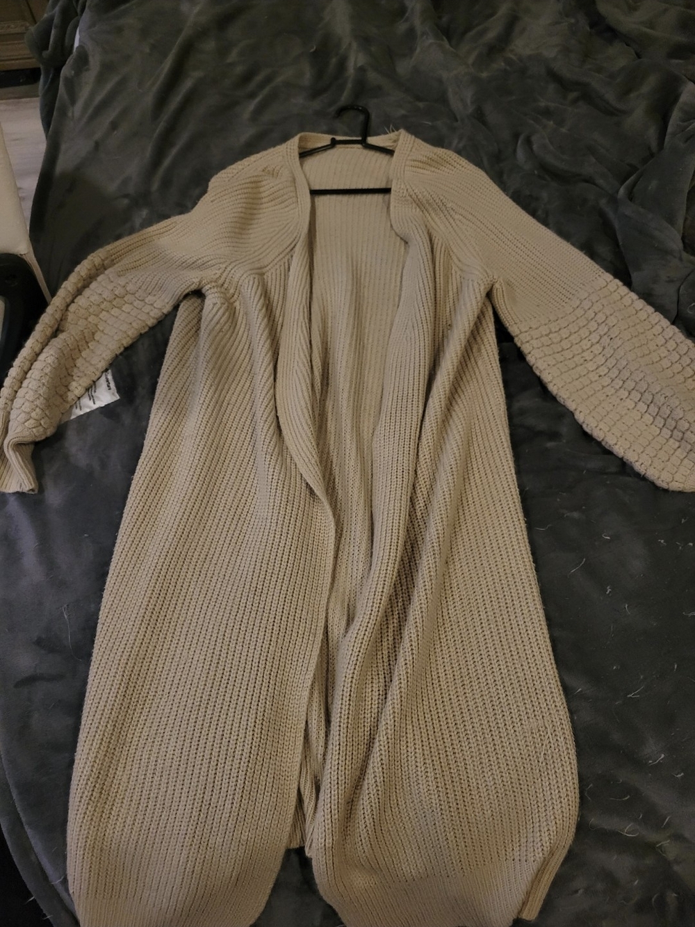Beige Open-Front Long Knit Cardigan Sweater